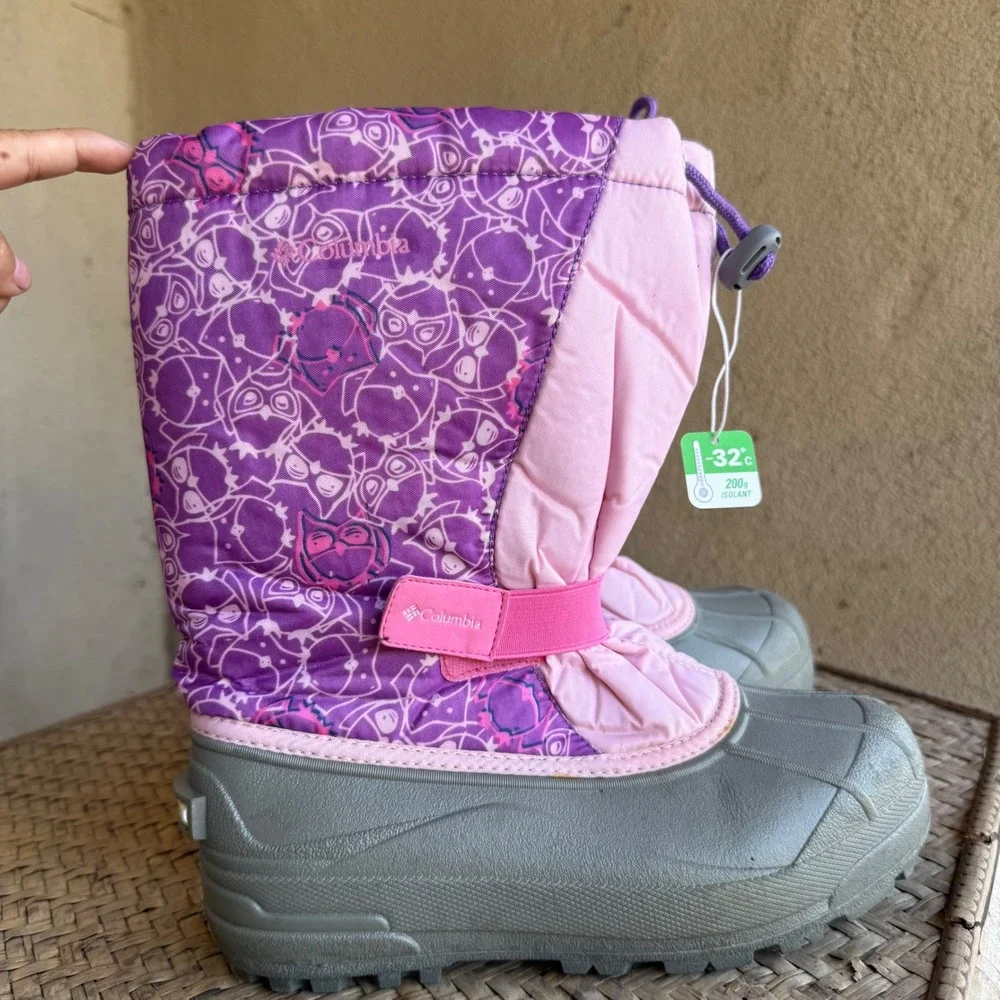 Columbia Powderbug Plus II Snow Boots Purple Pink Owl Print Girls Sz 6 Like New